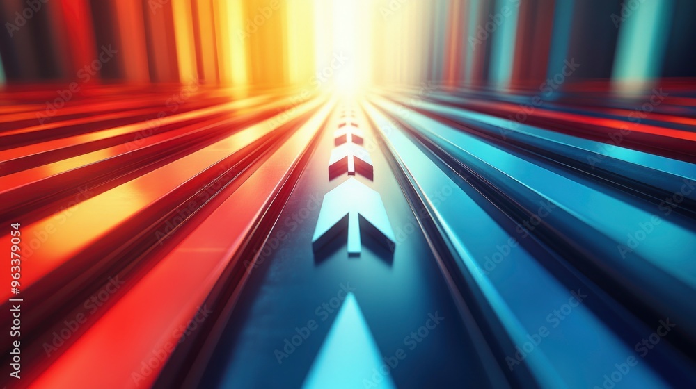 Poster creating a concept of growth, progress and upward mobility. bright red and blue arrows are arranged 