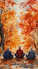 Serene Multicultural Meditation in Autumn Park - Watercolor Illustration of Diverse Men Relaxing Outdoors with Falling Leaves