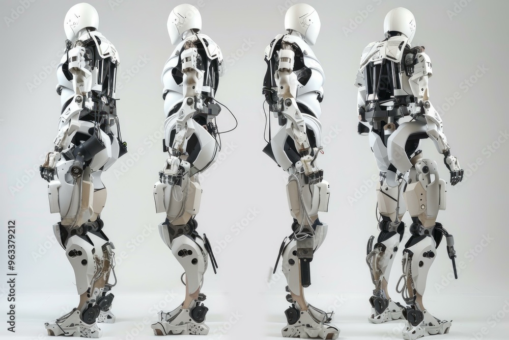 Poster four identical white futuristic robots standing still in different positions on white background