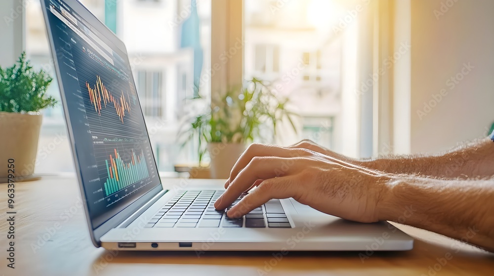 Poster a person types on a laptop, analyzing data with charts displayed on the screen in a bright, modern w