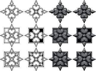 Set of hearts with frames and stones in different variation. Tattoo, intricate design and decor element. Highly detailed and accurate lines for print or engraving. Adjustable colors in separate groups