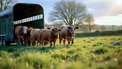Cows walking out of a trailer in a field.