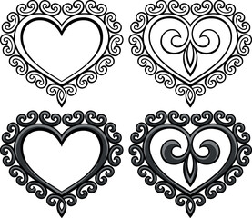 Victorian style heart frame set. Tattoo, intricate design and decor element. Highly detailed and accurate lines for print or engraving. Adjustable colors in separate groups