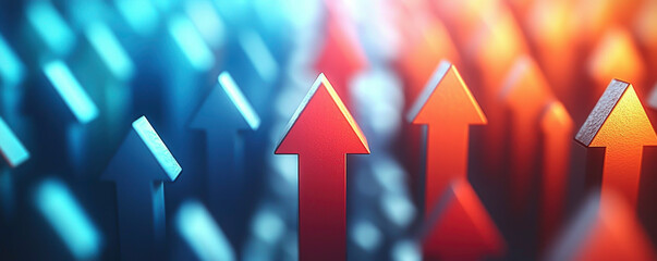 creating a concept of growth, progress and upward mobility. Dynamic red and blue arrows pointing forward in a vibrant, modern abstract design conveying direction and movement