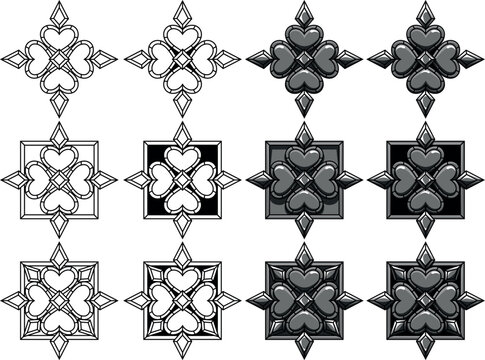 Set of hearts with frames and stones in different variation. Tattoo, intricate design and decor element. Highly detailed and accurate lines for print or engraving. Adjustable colors in separate groups
