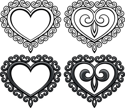 Victorian style heart frame set. Tattoo, intricate design and decor element. Highly detailed and accurate lines for print or engraving. Adjustable colors in separate groups