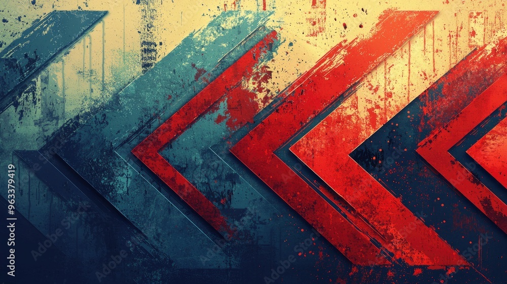 Poster this artwork showcases bold chevron patterns in blue and red, with a distressed texture creating a s