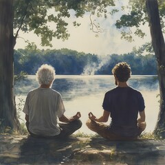 Fototapeta premium Interconnected Serenity: Multigenerational Meditation by the Lakeside