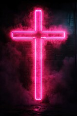 
Neon pink cross on a black background

