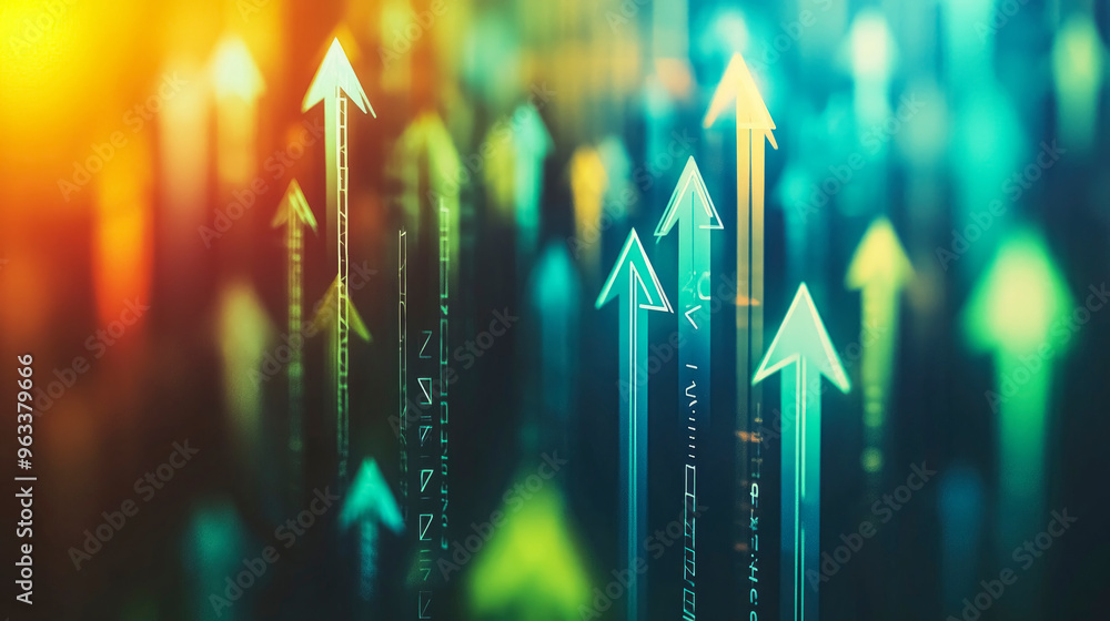 Poster abstract illustration of upward arrows symbolizing growth and progress with a vibrant color gradient
