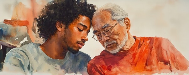 Obraz premium Interconnected Generations - Watercolor of Deep Emotional Therapy Session Between Young Black Man and Elderly Asian Man