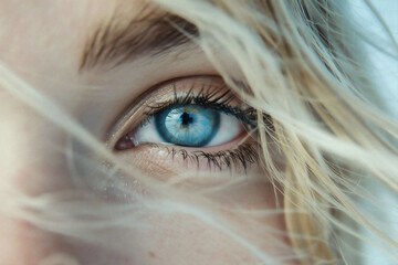 Una foto de un primer plano de un ojo de una mujer rubia de ojos azules, hiperrealista, luz de estudio suave cinematogr&aacute;fica.