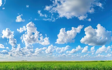 Panoramic view of a green field under a blue sky with fluffy clouds. Nature and agricultural landscape concept.