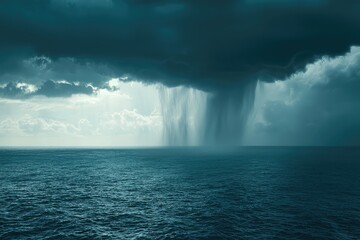 Naklejka premium A Stormy Symphony: Dark clouds unleash a torrent of rain over the vast, restless ocean.