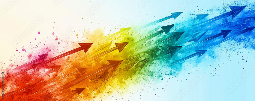 Poster bright arrows in various colors converge towards the right, symbolizing advancement and creativity i