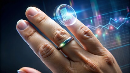 The finger wears a minimalist ring. holographic image projected from the ring as a window for various analysis graphs.
