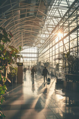 People walking in a futuristic green airport terminal