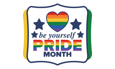 LGBT Pride Month in June. Lesbian Gay Bisexual Transgender. Celebrated annual. LGBT flag. Rainbow love concept. Human rights and tolerance. Poster, card, banner and background. Vector illustration