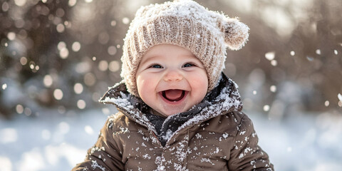 Child laughing in snow, wearing winter clothes, outdoor scene