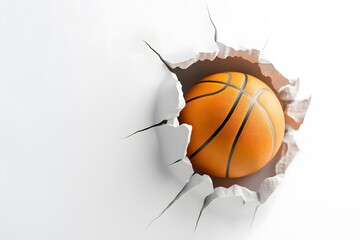 3D basketball ball breaking through a wall, white background