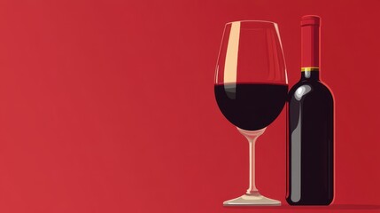 A glass of red wine and a bottle on a red background.