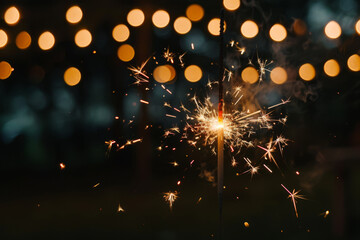 Sparkler burning with bright sparks on blurred lights background