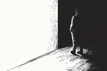 A lone figure stands in the corner, shrouded in darkness, while the light beckons from beyond. What secrets does this shadowy presence hold?