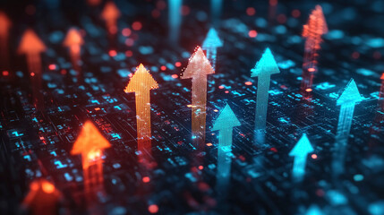 Brightly colored arrows rise against a high-tech backdrop, symbolizing growth and progress in a modern office environment as the evening light sets in.