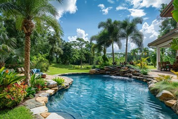 Beautiful backyard pool with blue water, stone wall, and decorative waterfall, featuring patio seating and landscaped surroundings, with a home and garden in the background.