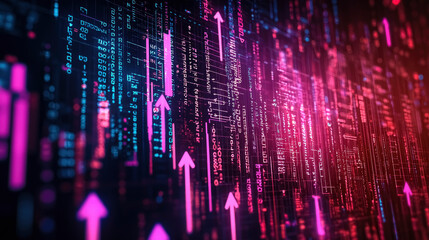 Brightly colored arrows rise against a high-tech backdrop, symbolizing growth and progress in a modern office environment as the evening light sets in.