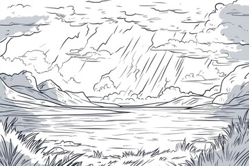 Fototapeta premium A Dark Storm Approaching a Tranquil Lake: A Dramatic Black and White Illustration of Nature's Power