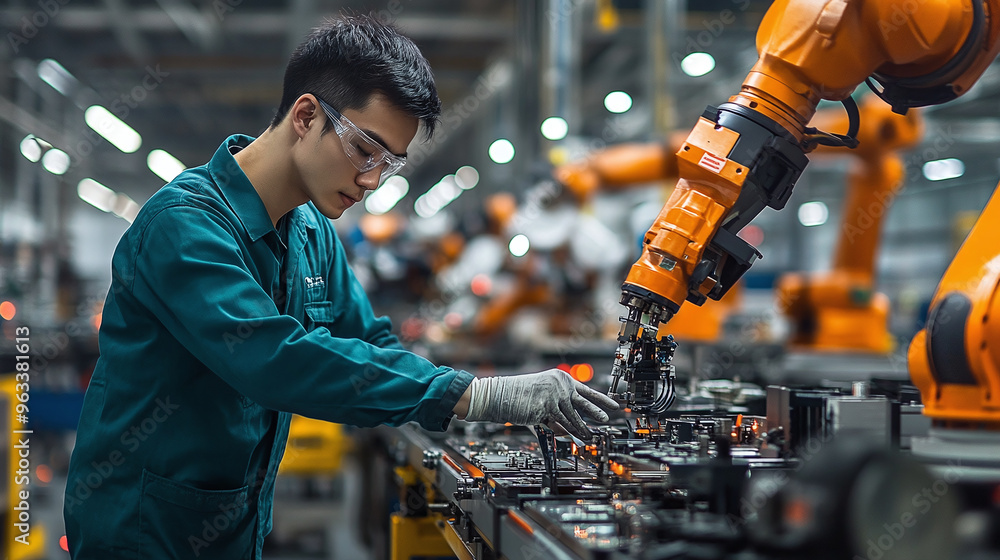 Poster asian technician working on auto parts assembly line with robotic arm in background