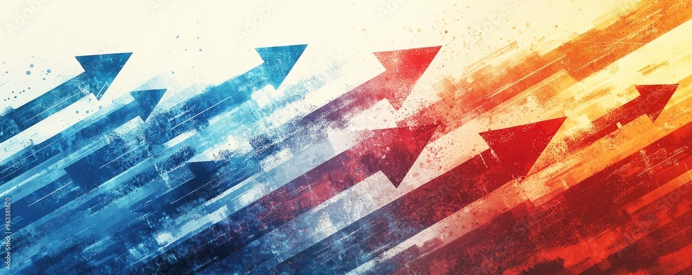 Poster dynamic abstract arrows in blue and red colors symbolizing progress and movement in a vibrant, artis