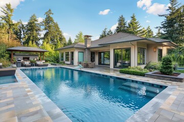 Fototapeta premium Beautiful backyard pool with blue water, stone wall, and decorative waterfall, featuring patio seating and landscaped surroundings, with a home and garden in the background.