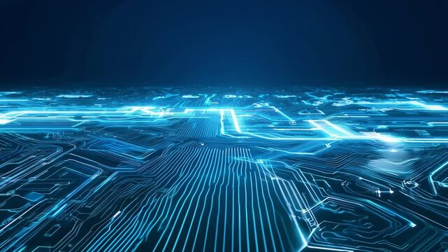 A complex network of blue digital lines and circuits connects, creating a vast technological landscape as the camera slowly zooms out, with soft light emphasizing the intricate connections on a dark