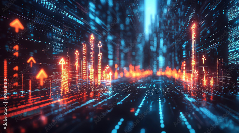 Poster illuminated dots in vibrant colors stream through a digital environment, creating a captivating disp