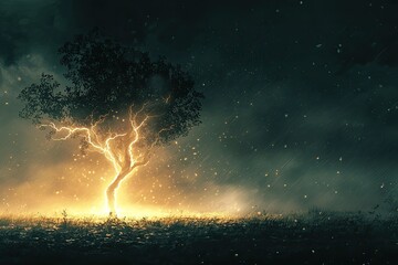 Fototapeta premium A lone tree stands defiant, bathed in the ethereal glow of lightning, amidst a raging storm.