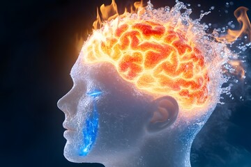 Obraz premium A human head with a brain made of fire and water, dark blue blurry background. 