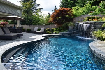 Beautiful backyard pool with blue water, stone wall, and decorative waterfall, featuring patio seating and landscaped surroundings, with a home and garden in the background.
