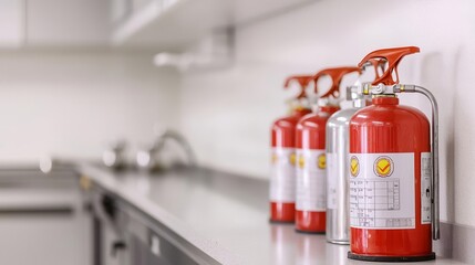 Lineup of fire extinguishers against a white backdrop