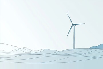 A Single Wind Turbine Stands Tall, Its Blades Catching the Wind Against a Minimalist Landscape of Rolling Hills.