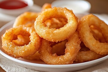 A plate of golden-brown onion rings, a popular and tasty appetizer or side dish, perfect for sharing.