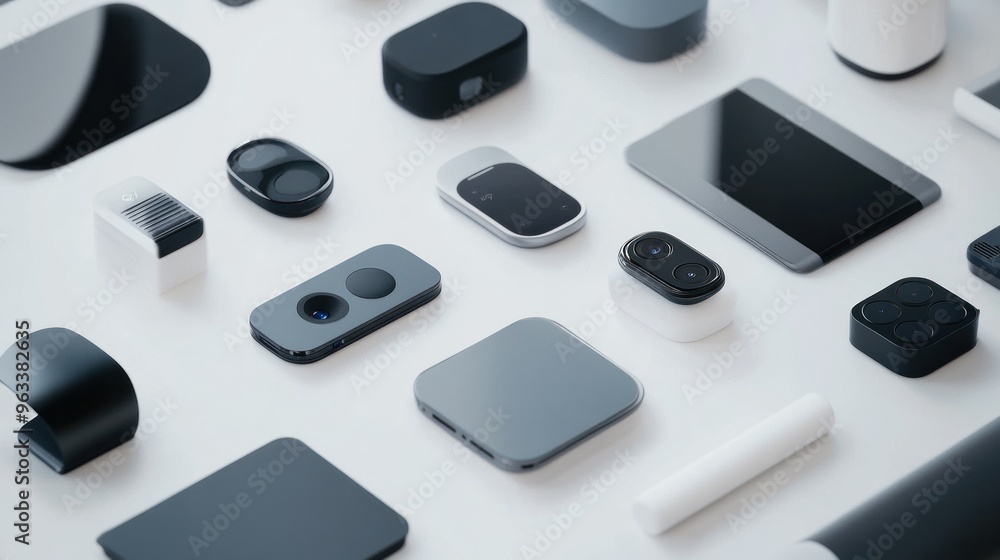 Poster assortment of modern technological devices on a white surface