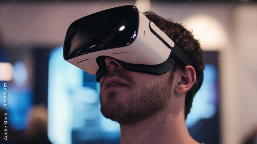 Poster man wearing a virtual reality headset in a blurred indoor setting