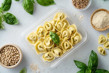 A plastic tray filled with tortellini, surrounded by fresh basil leaves and ingredients like semolina and soybeans, set on a light-colored surface for a clean, culinary presentation.