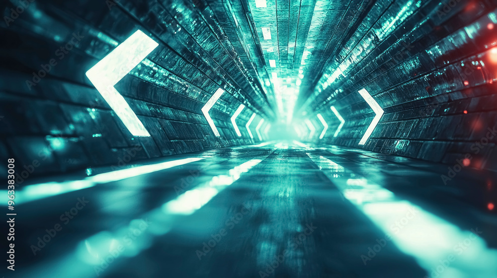 Poster a futuristic tunnel illuminated with neon lights leads into a distant bright exit, showcasing a blen