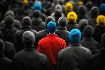 A person in vivid colors stands out among a crowd in monochrome.