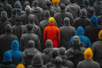 Obraz premium A person in vivid colors stands out among a crowd in monochrome.