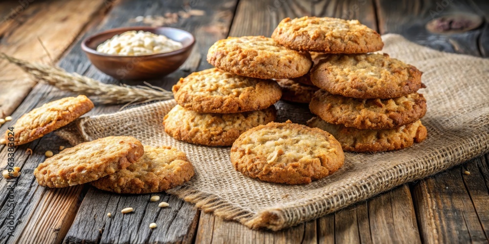 Wall mural delicious homemade baked oat and coconut cookies on a rustic wooden surface