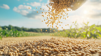 Soybeans falling into a field.